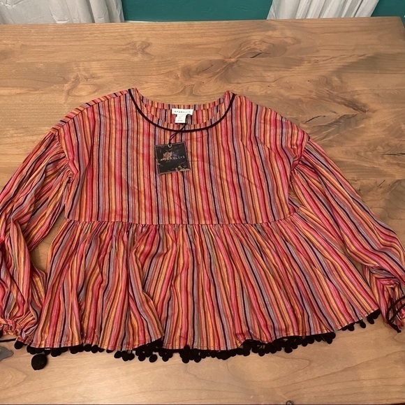 Amaryllis Metallic Stripe Pom Pom Boho Peasant Blouse Size Small - Picture 7 of 9